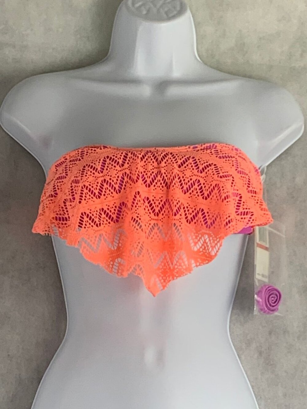 Hula Honey Juniors Crochet Flounce Bikini Swim Top, Orange Purple, XS